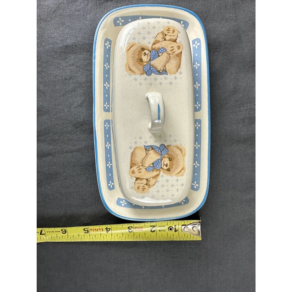 Vintage 1990 Tienshan Stoneware Teddy Bear Covered Butter Dish - Picture 7 of 8